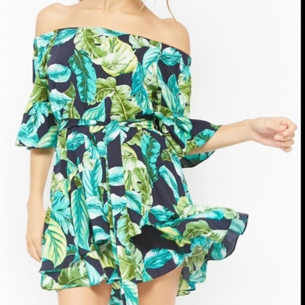 Forever 21 Green and Blue Ruffled Off-Shoulder mini dress